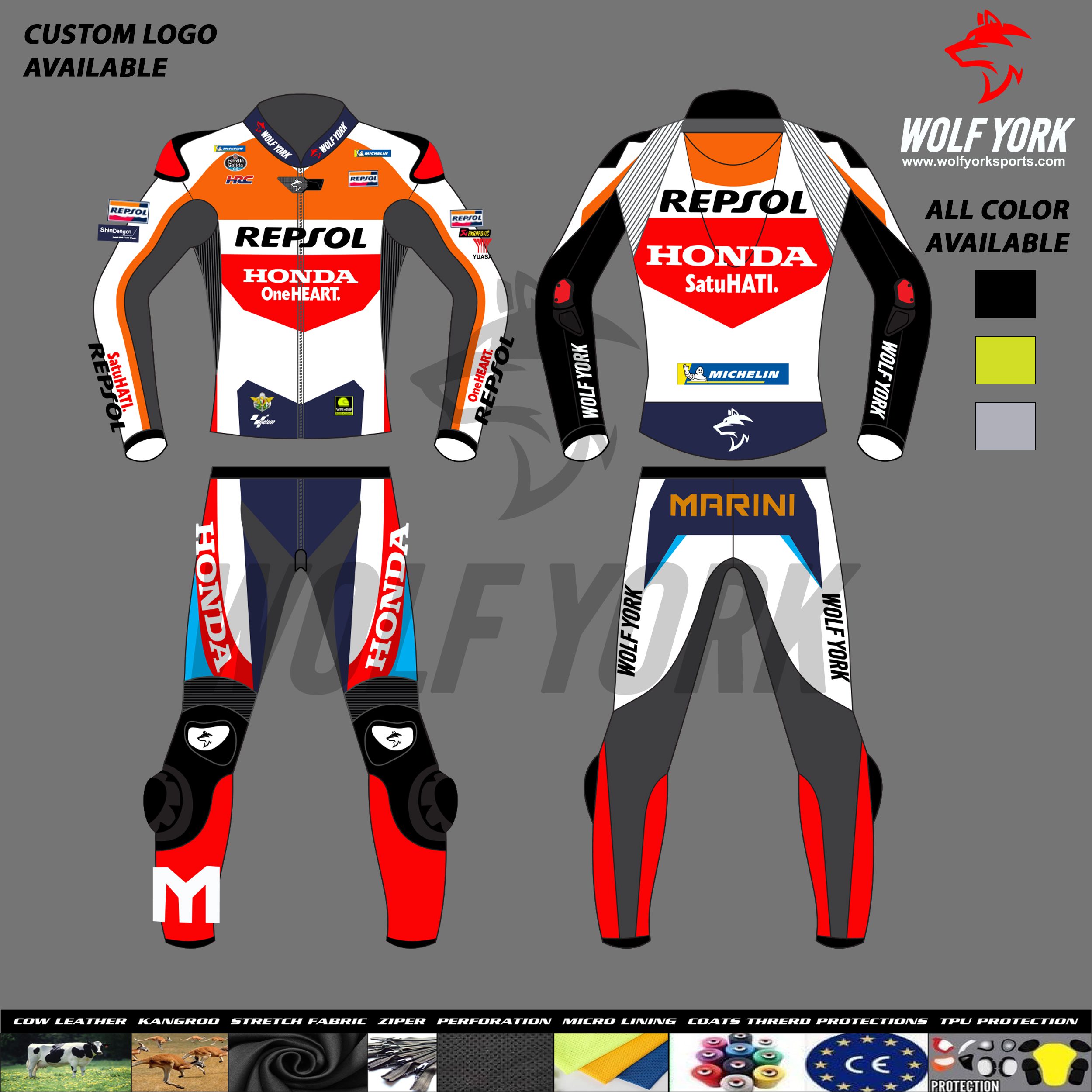 Luca Marini 2024 Honda Repsol MotoGP Two Piece Leather Motorbike Suit