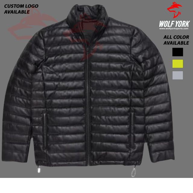 Men's black puffer jacket with a detachable adjustable hood, front zipper closure, and multiple zippered pockets, designed for warmth and style in cold weather.
