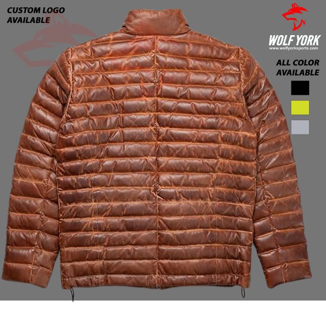 Men's brown puffer jacket with a detachable adjustable hood, full-length front zipper, snap button storm flap, and multiple zippered pockets, designed for warmth and style in cold weather.